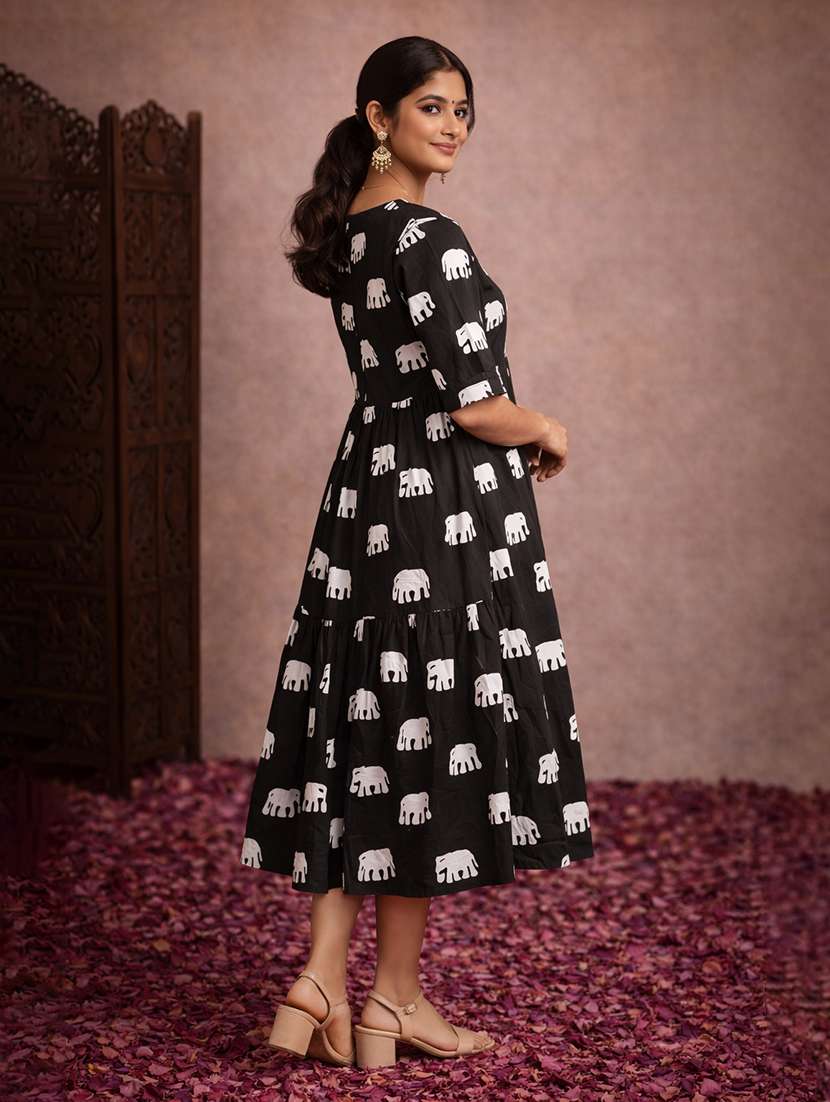 Printed Tiered Cotton Fit & Flare Dress - 22463364 -  Standard Image - 3