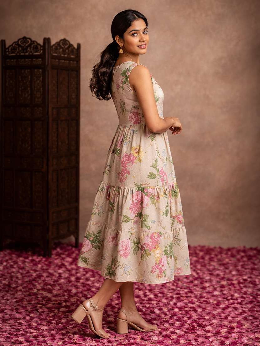 women beige cotton fit & flare dress - 22463368 -  Standard Image - 3