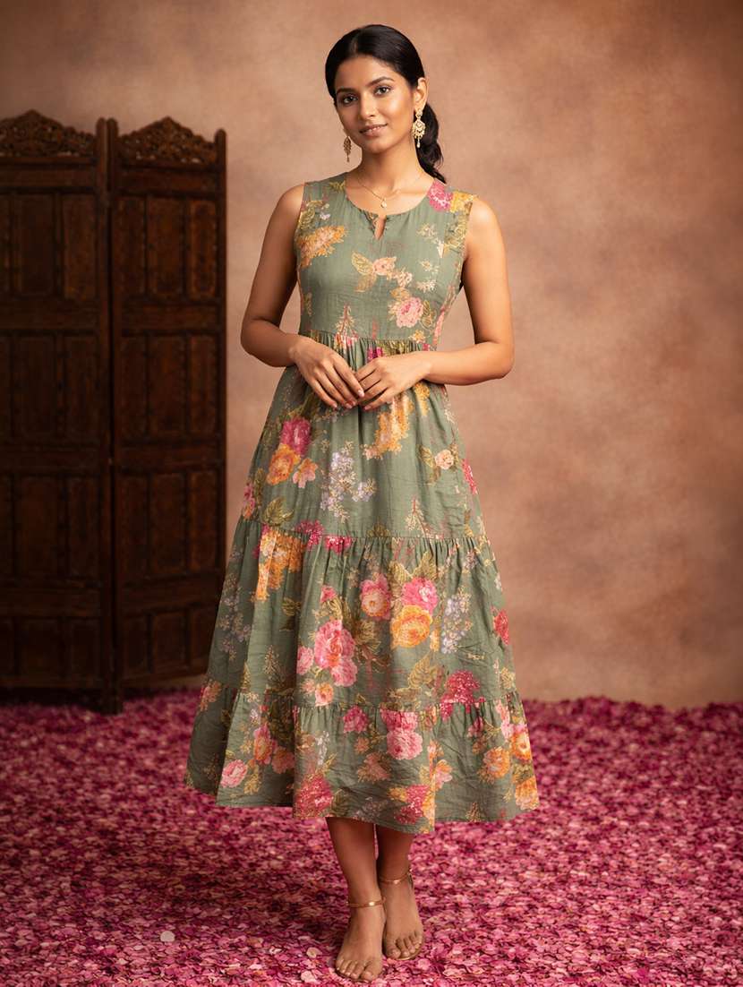women green cotton fit & flare dress