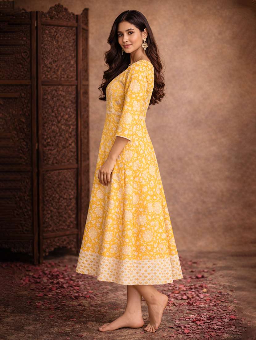 women yellow cotton fit & flare dress - 22463381 -  Standard Image - 3