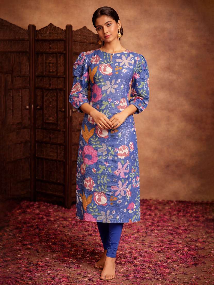 women blue cotton straight kurti