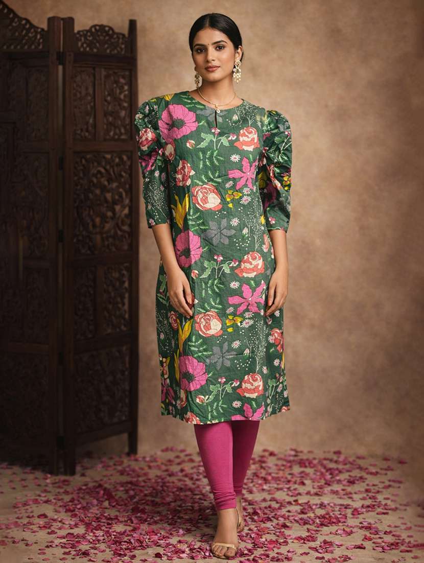 women green cotton straight kurti