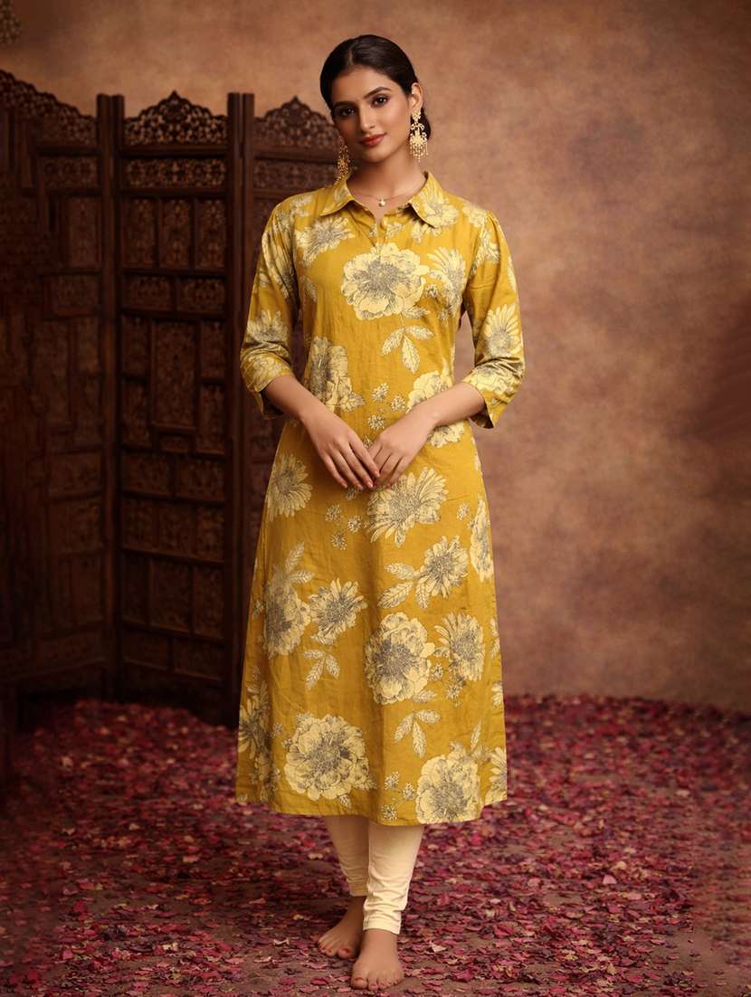 women mustard cotton straight kurti