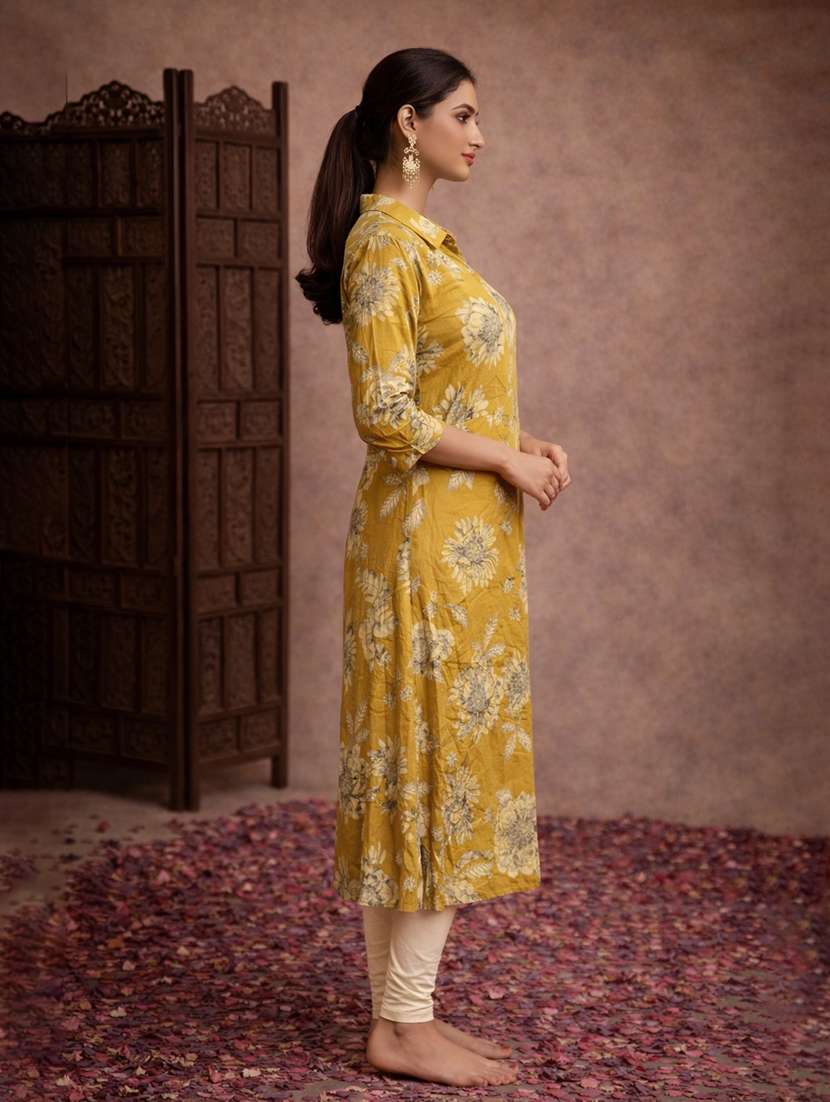 women mustard cotton straight kurti - 22463400 -  Standard Image - 3