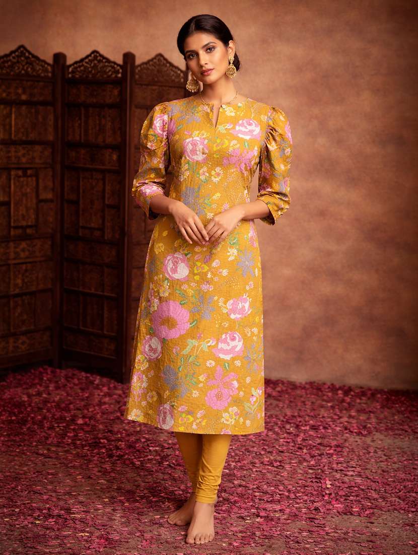 women mustard cotton straight kurti