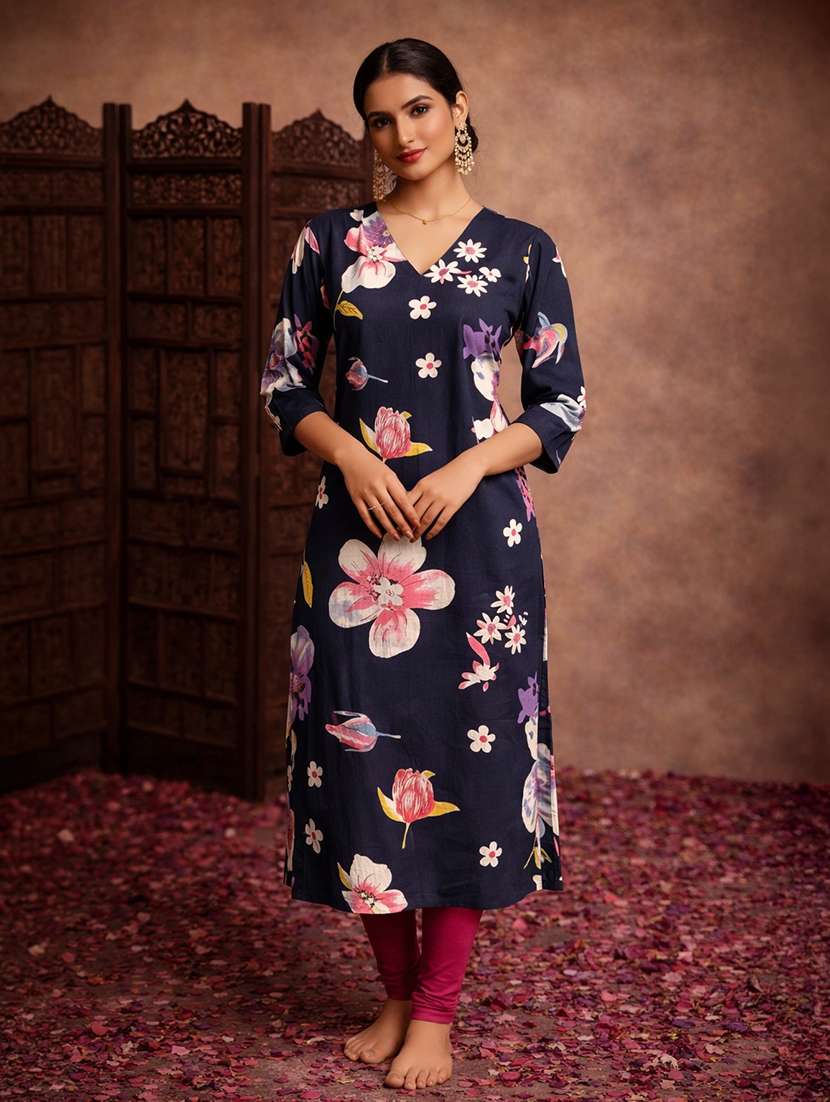 women navy blue cotton straight kurti