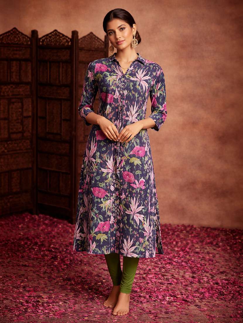 women navy blue cotton straight kurti