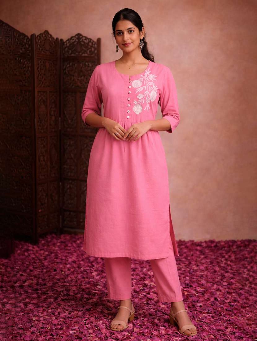 women pink cotton straight kurti