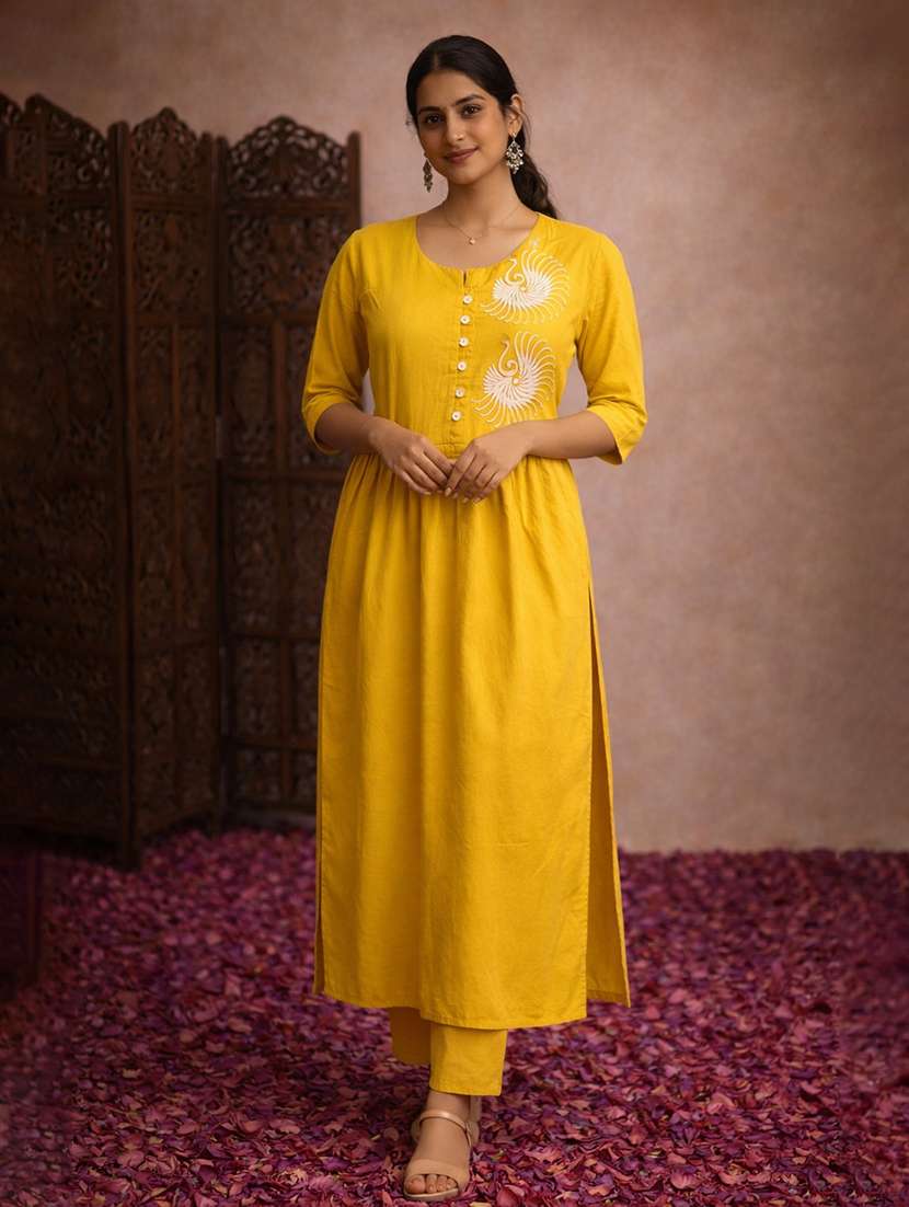women yellow cotton straight kurti