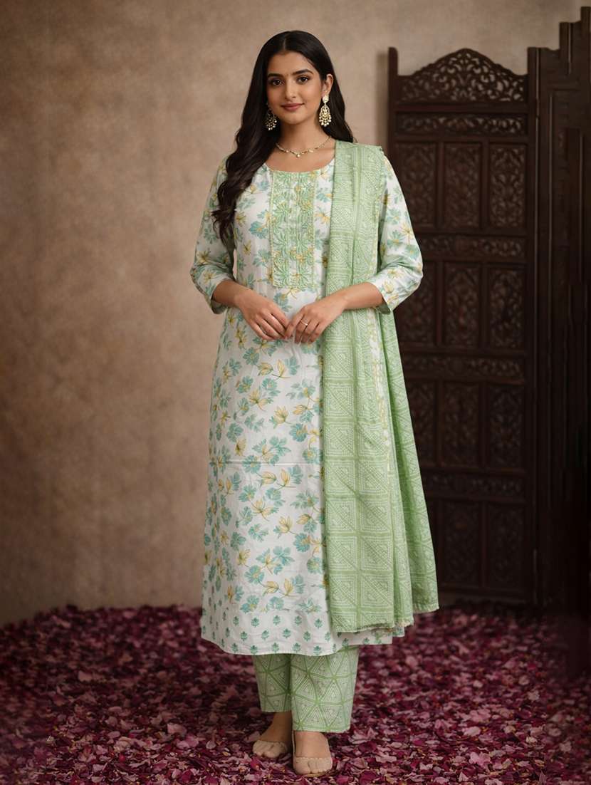 women light green cotton straight ethnic dress