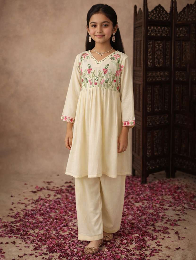 girl cream cotton kurta pant set suit set