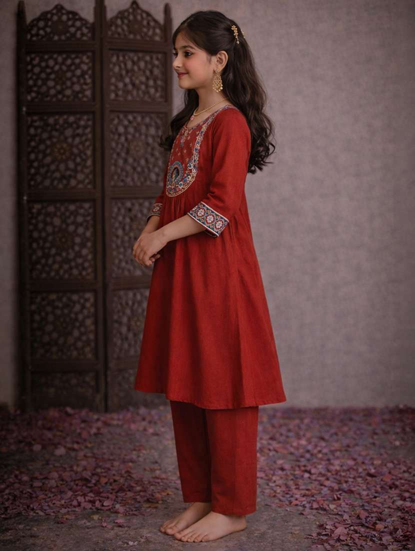 girls rust silk blend kurta pant set suit set - 22463417 -  Standard Image - 3