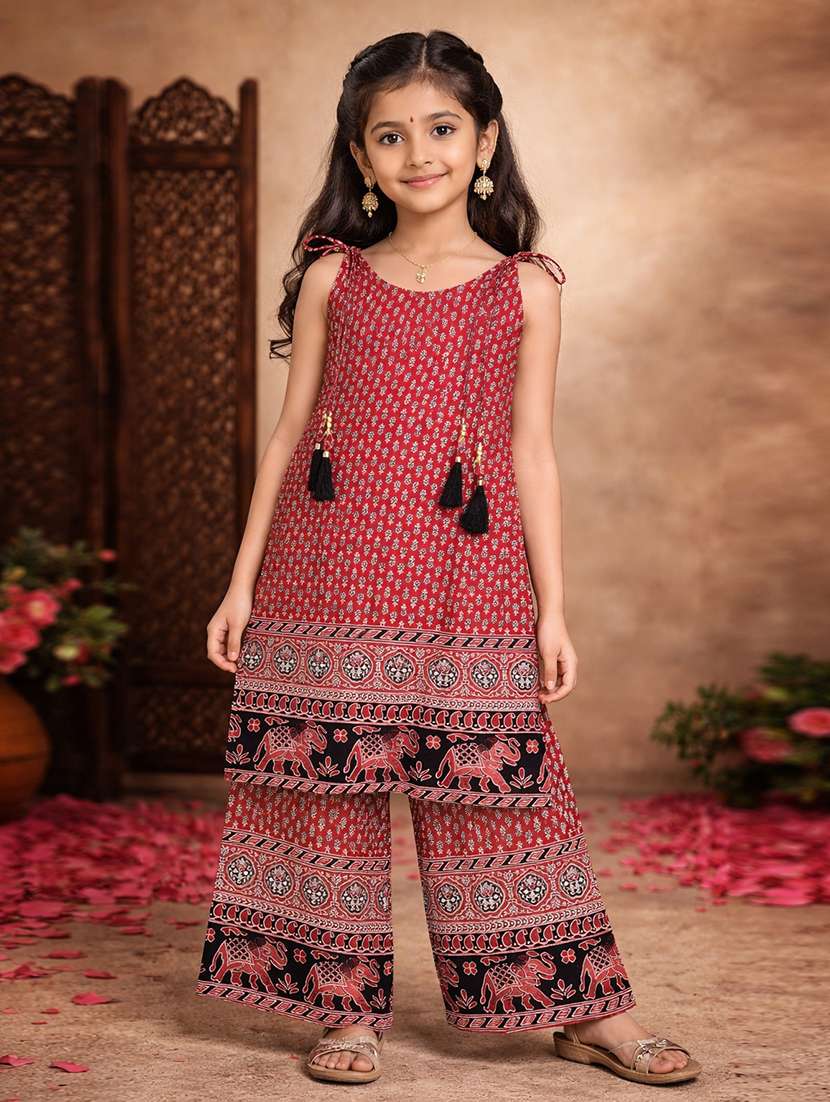 girls maroon cotton kurta palazzo set suit set