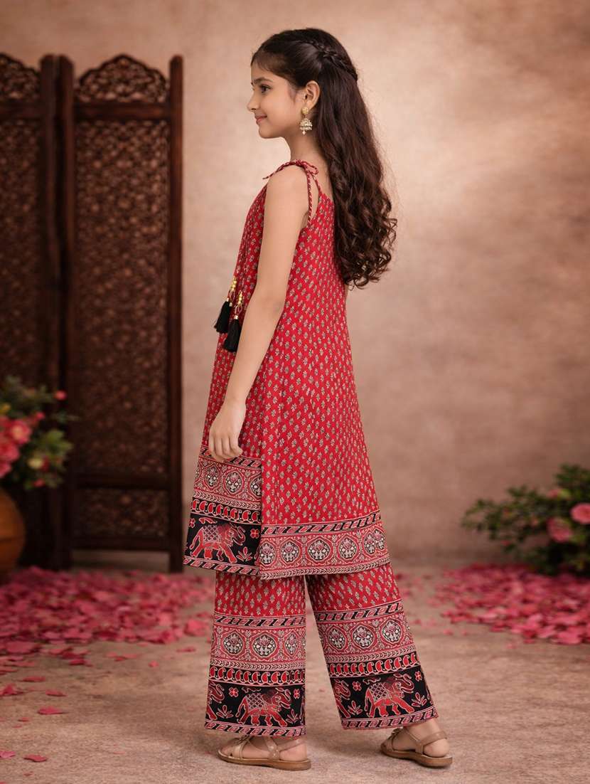 girls maroon cotton kurta palazzo set suit set - 22463420 -  Standard Image - 3