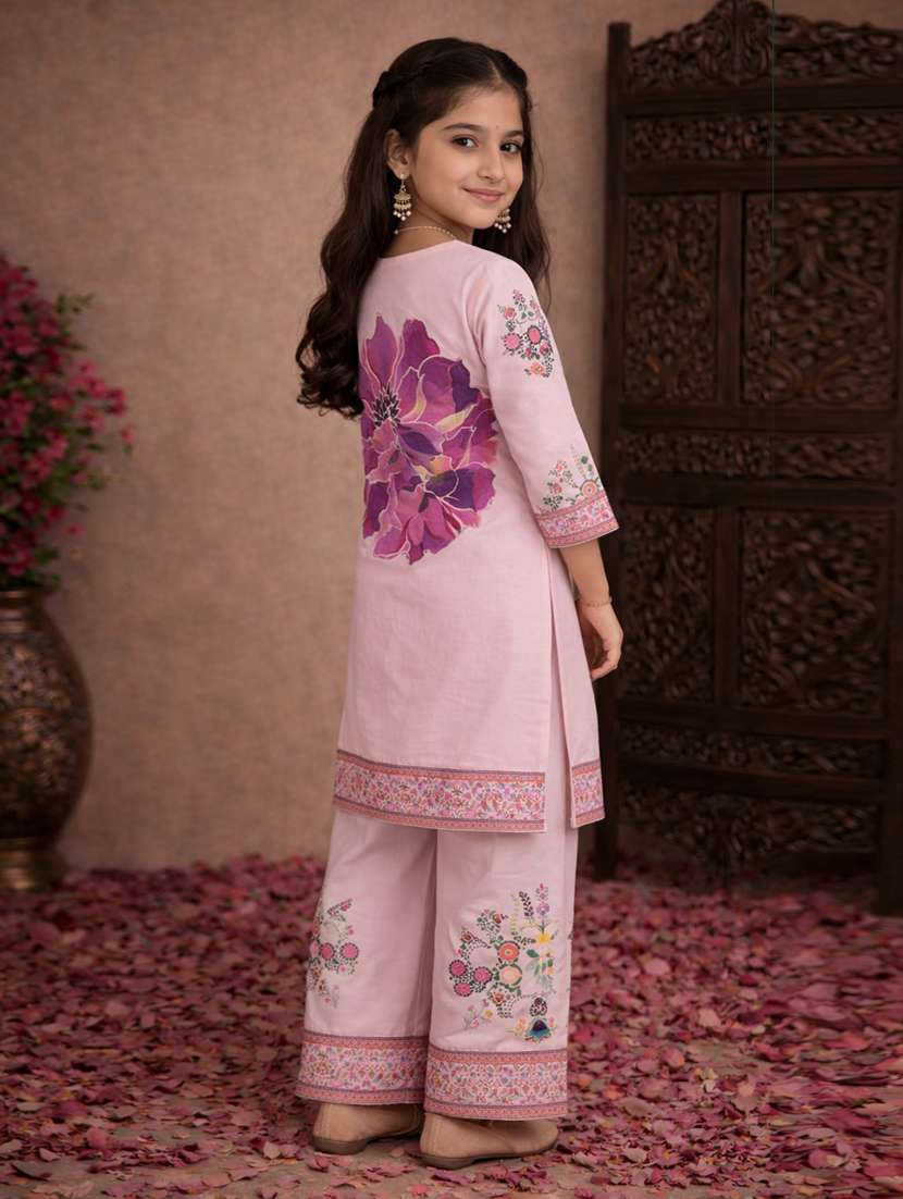 girls peach rayon kurta palazzo set suit set - 22463422 -  Standard Image - 3