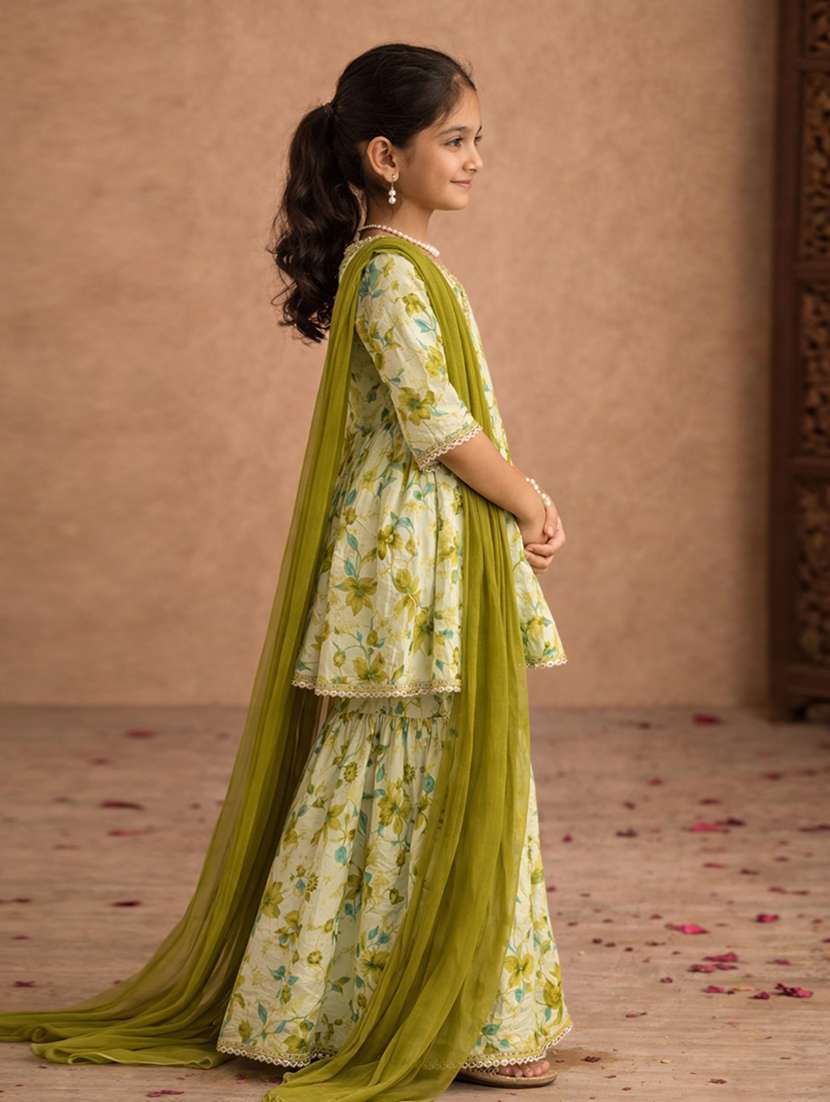 girls sea green cotton kurta sharara set suit set - 22463426 -  Standard Image - 3
