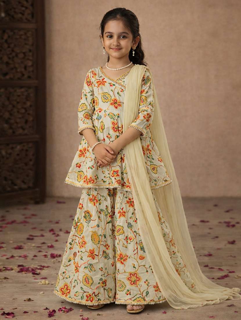 girls lime cotton kurta sharara set suit set