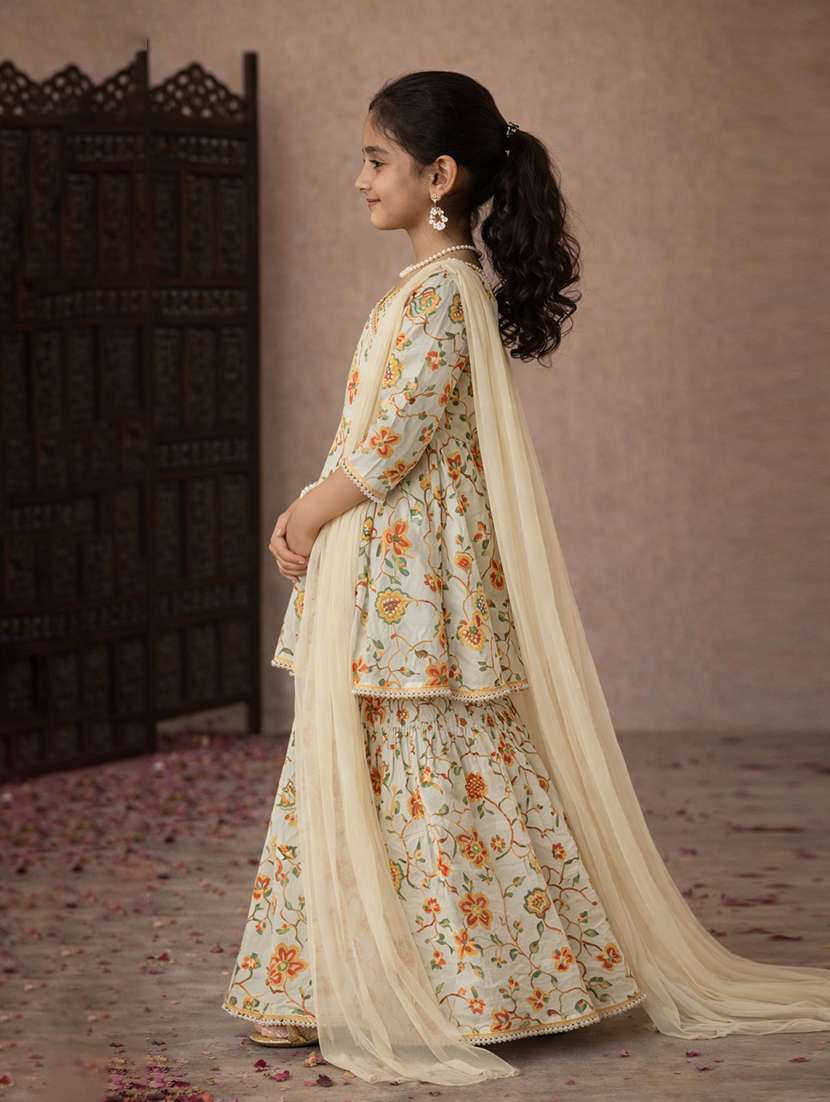 girls lime cotton kurta sharara set suit set - 22463428 -  Standard Image - 3