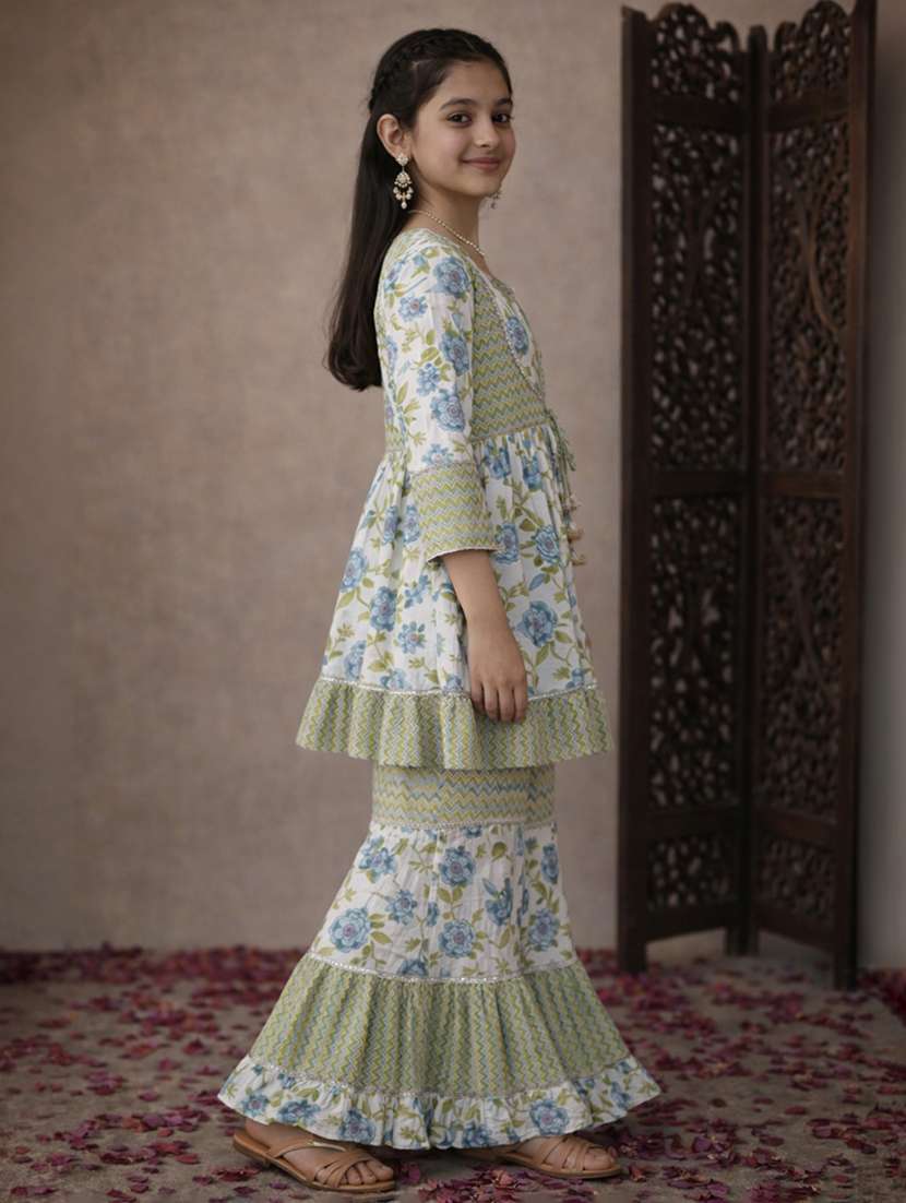 girl floral sea green cotton kurta sharara set suit set - 22463432 -  Standard Image - 3