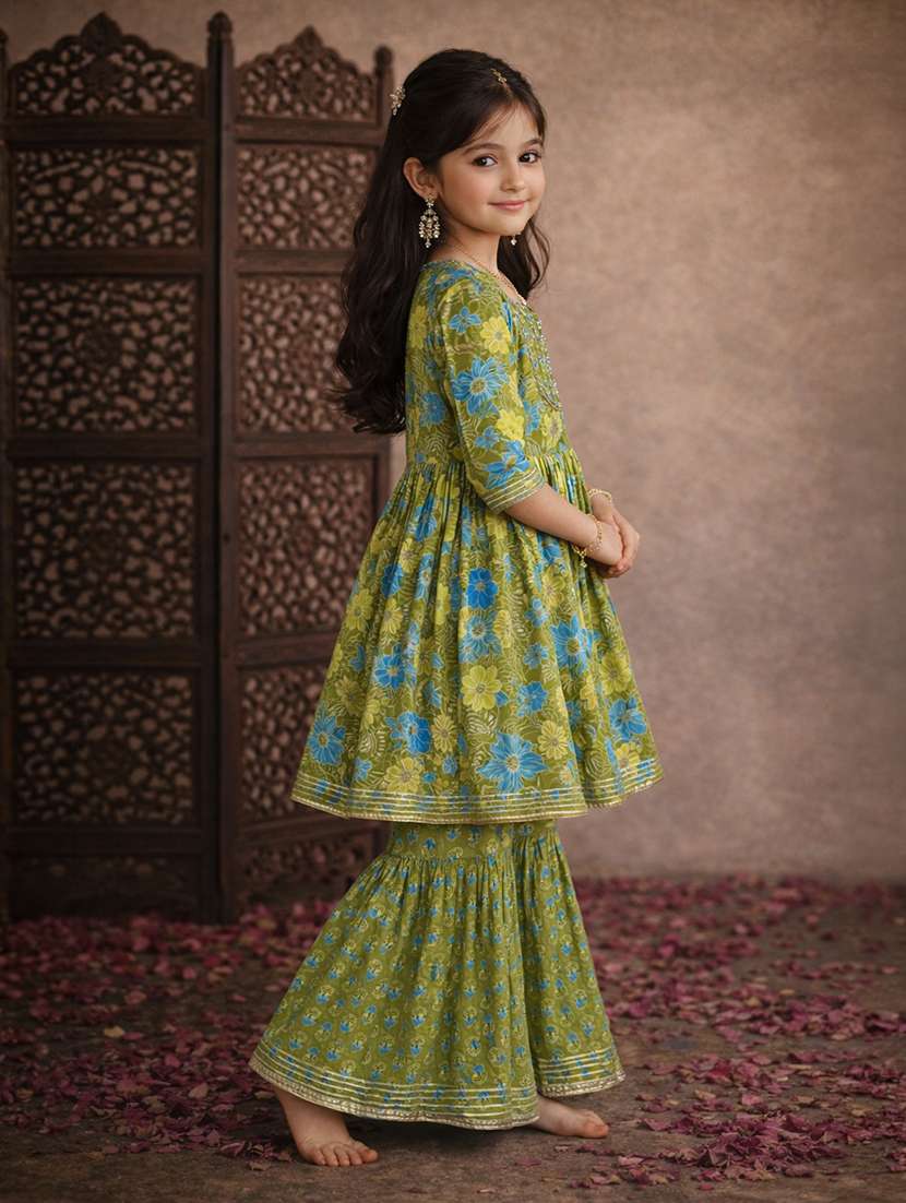 girls sea green cotton kurta sharara set suit set - 22463434 -  Standard Image - 3