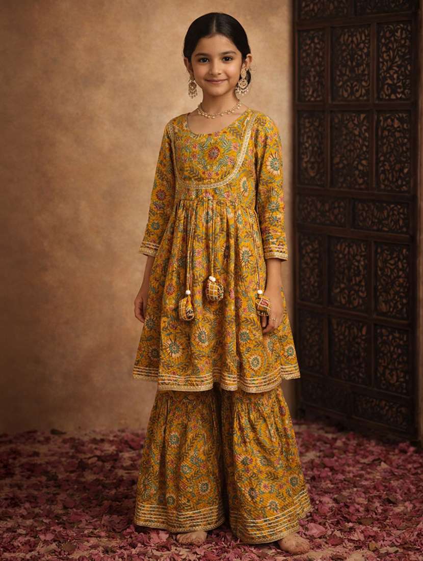 girls yellow cotton kurta sharara set suit set