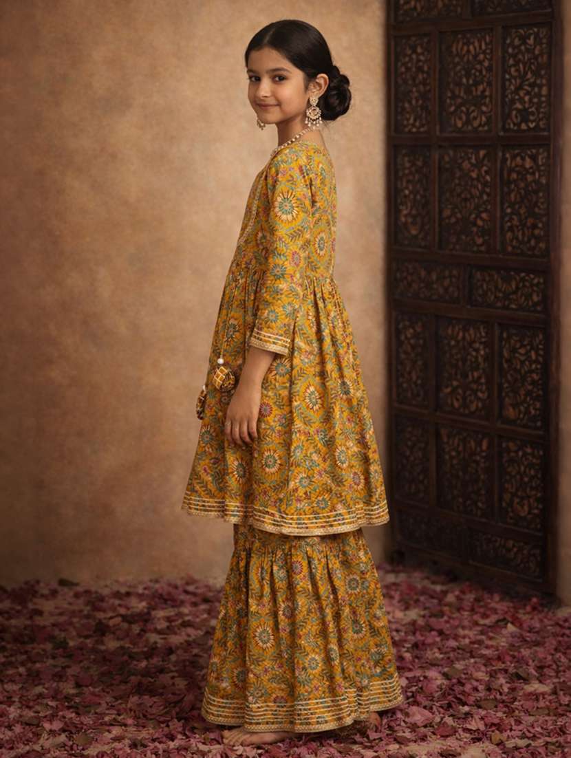 girls yellow cotton kurta sharara set suit set - 22463435 -  Standard Image - 3