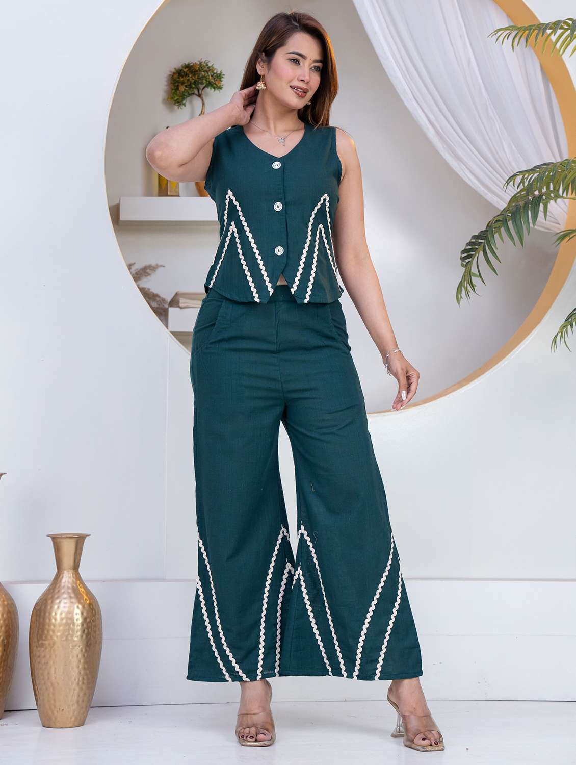 women green cotton top and trouser co-ord set - 22463441 -  Standard Image - 3
