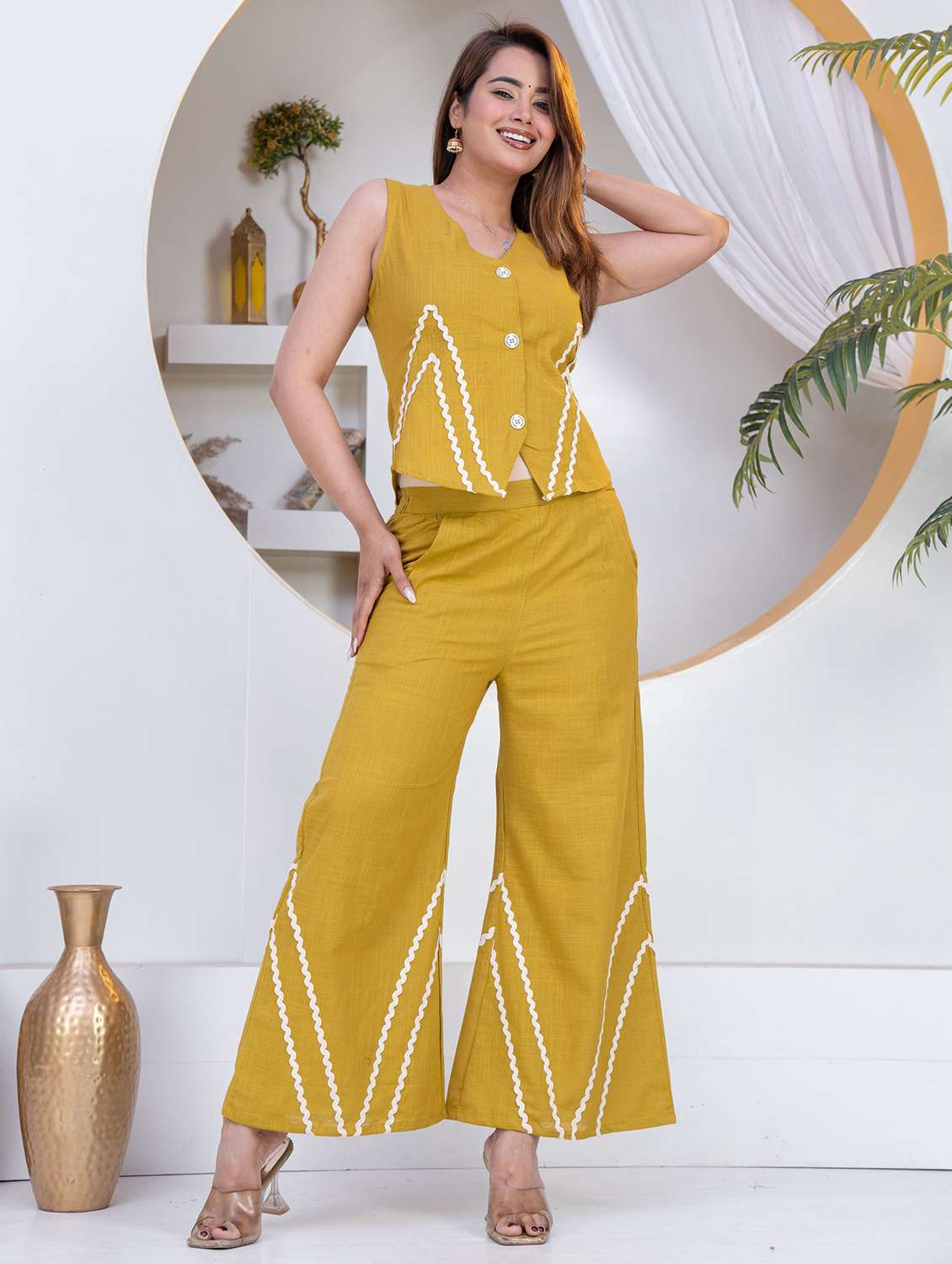 women yellow cotton top and trouser co-ord set