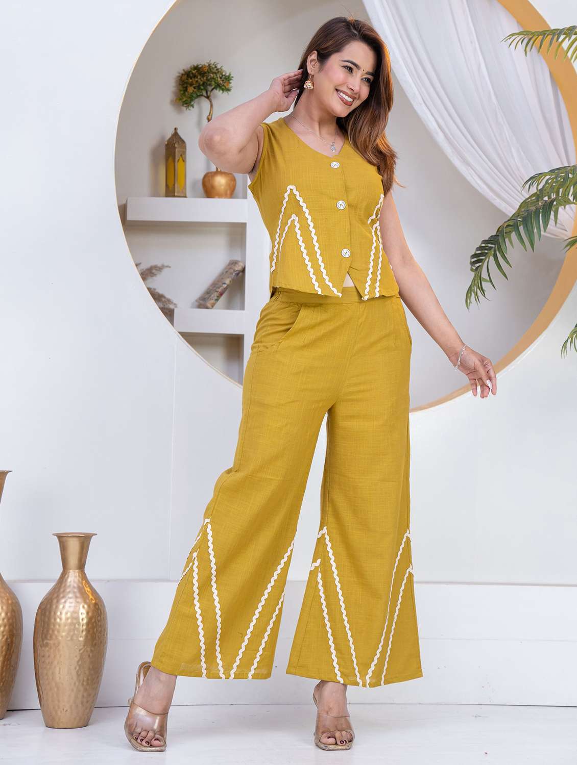 women yellow cotton top and trouser co-ord set - 22463442 -  Standard Image - 3