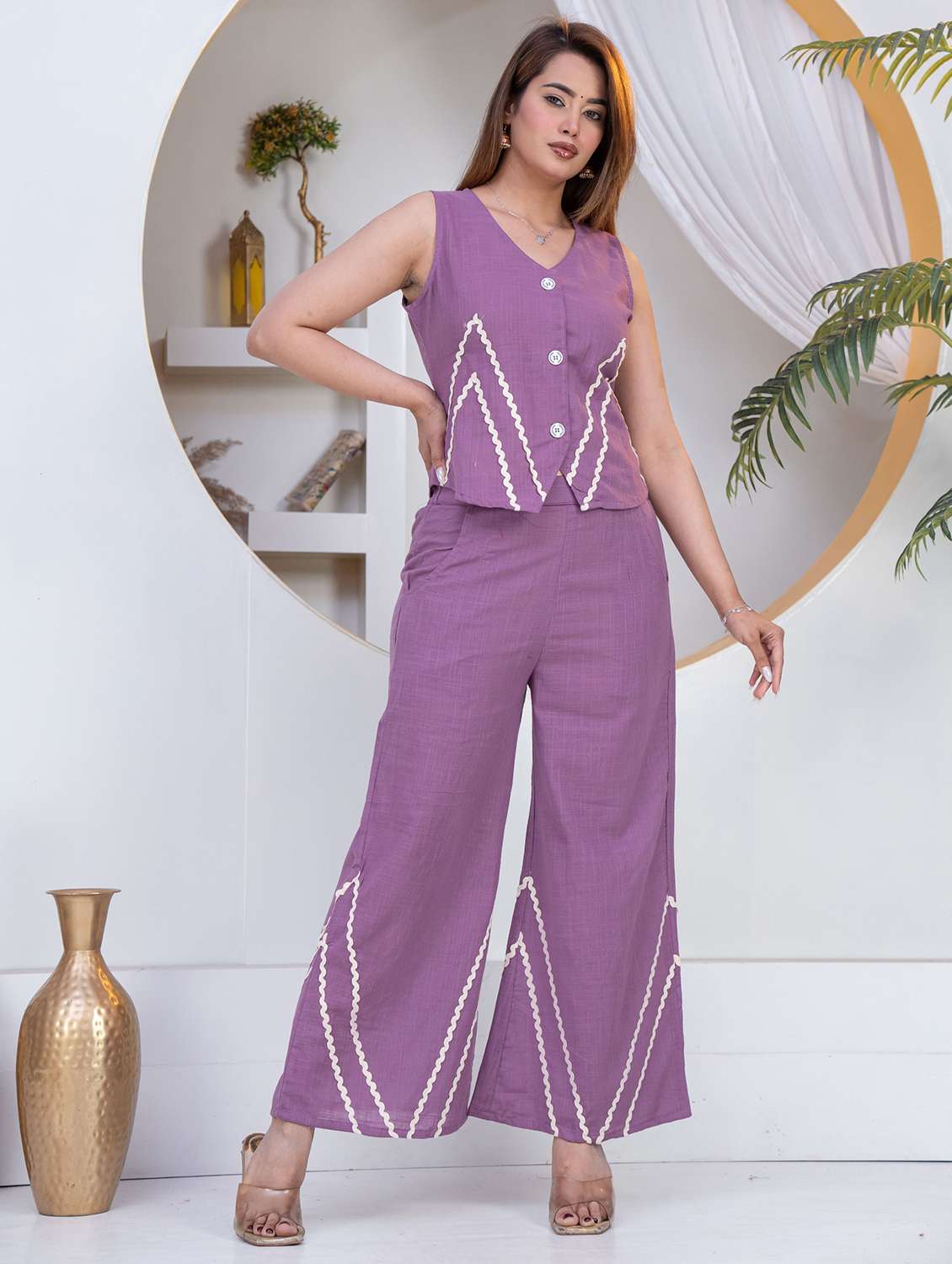 women purple cotton top and trouser co-ord set - 22463443 -  Standard Image - 3