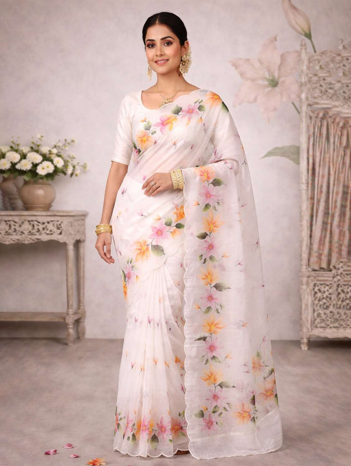 women floral printed saree with blouse