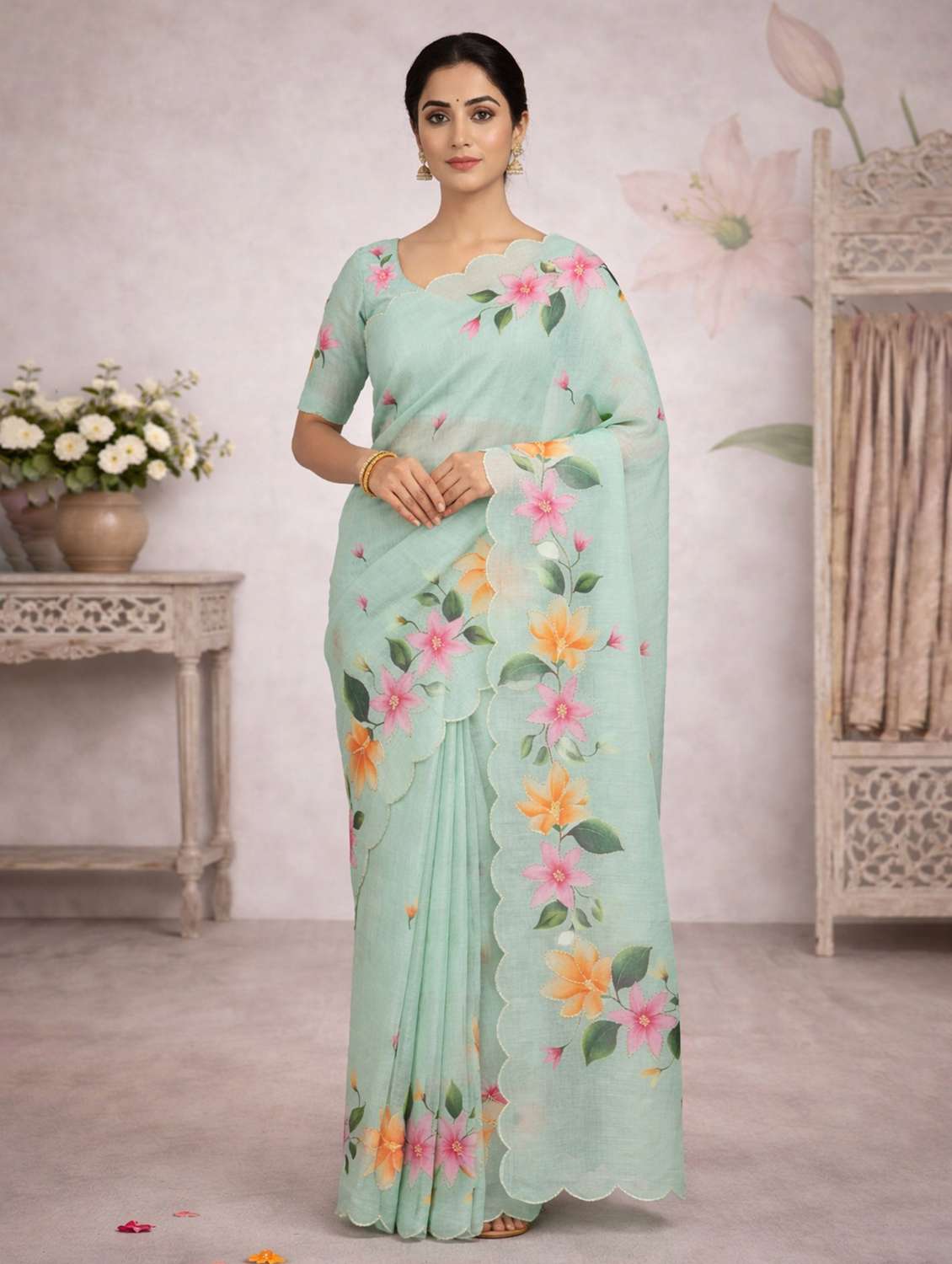 women floral printed saree with blouse