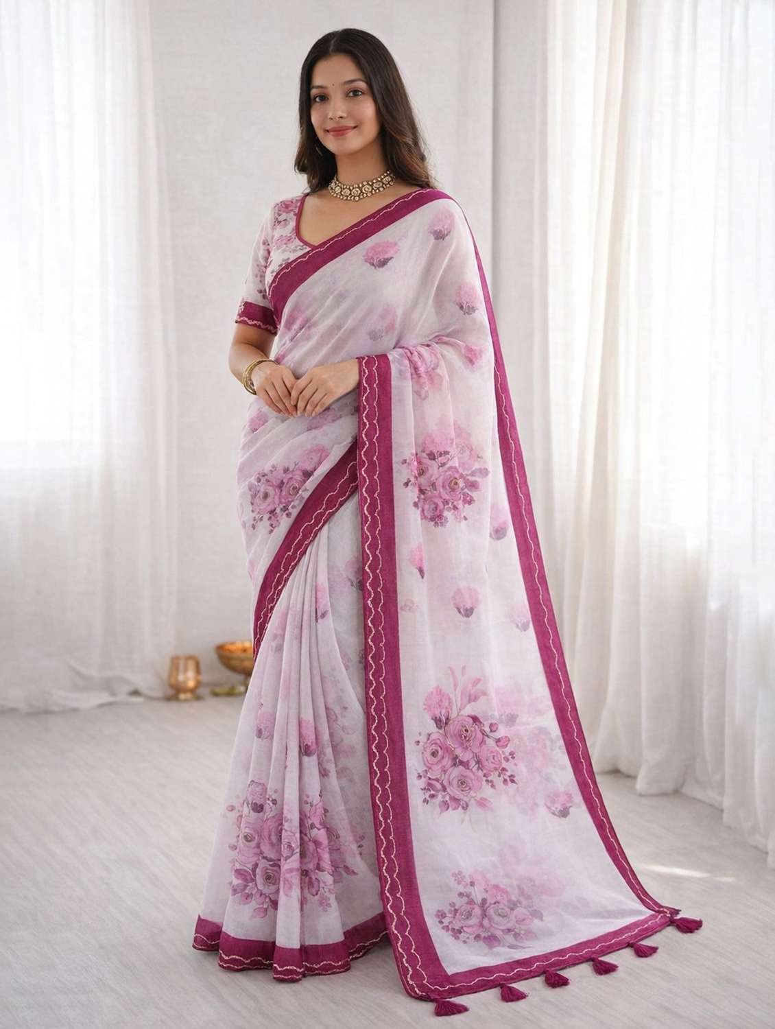 women floral printed bordered saree with blouse