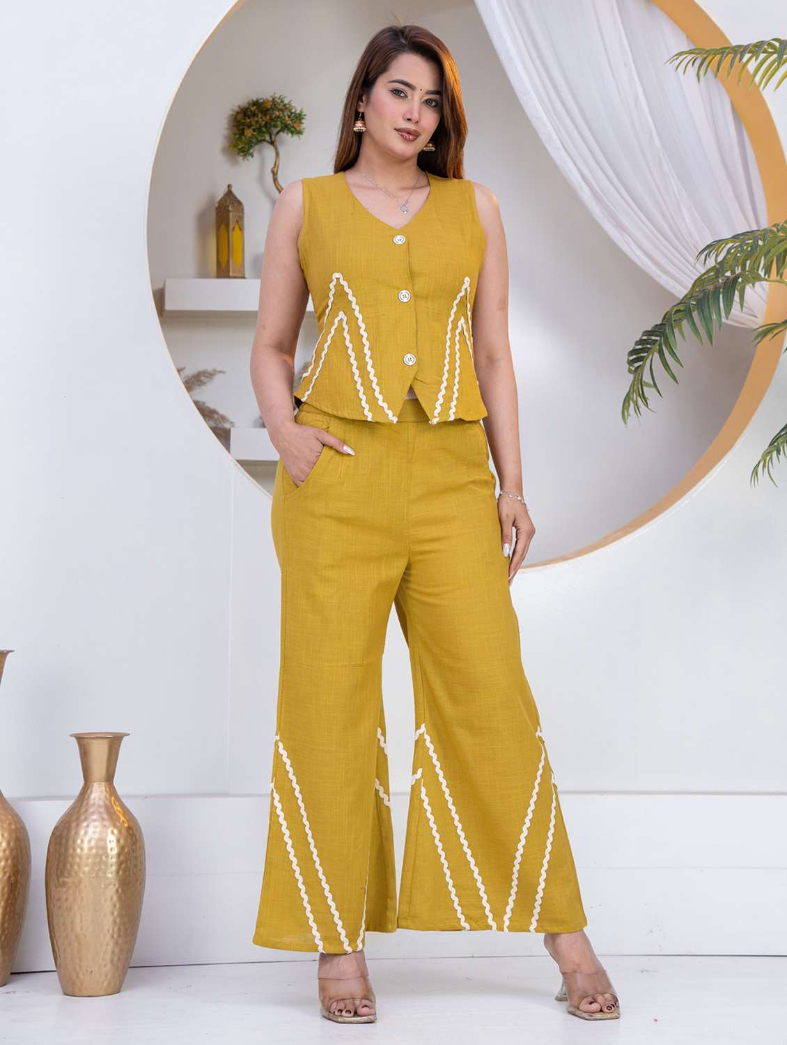 women yellow cotton top and trouser set