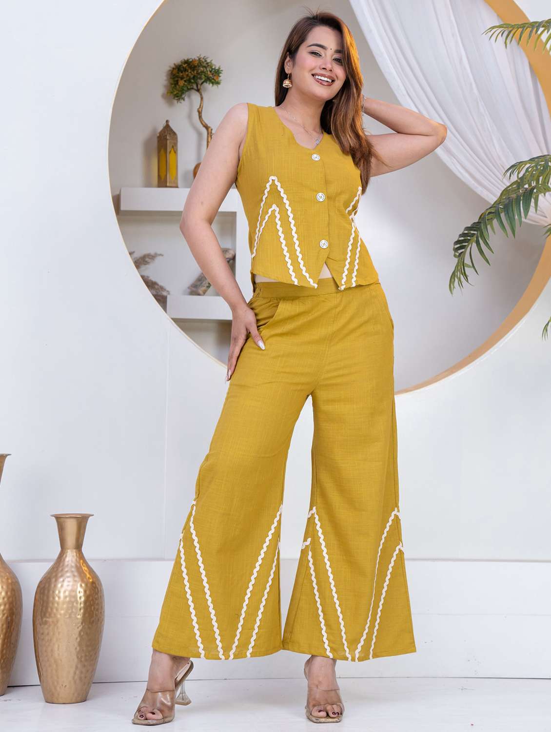 Women Yellow Cotton Top And Trouser Set - 22463462 -  Standard Image - 3
