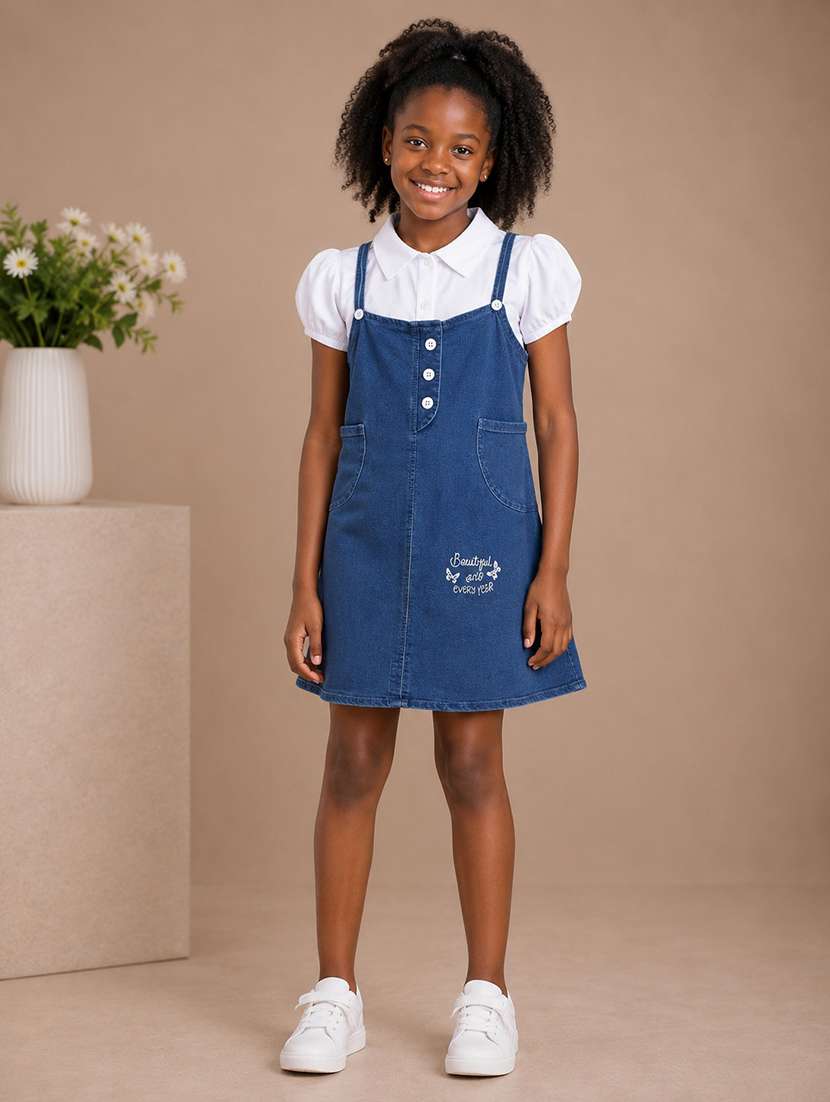 girl blue denim dungaree dress frock