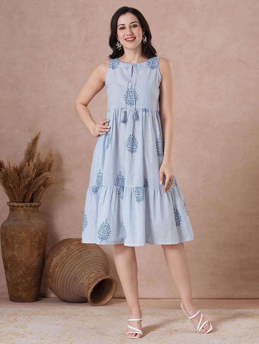 women blue cotton tiered ethnic dress
