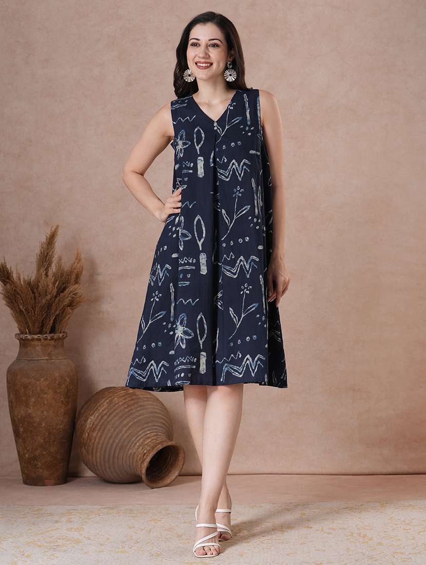 women blue cotton a-line ethnic dress