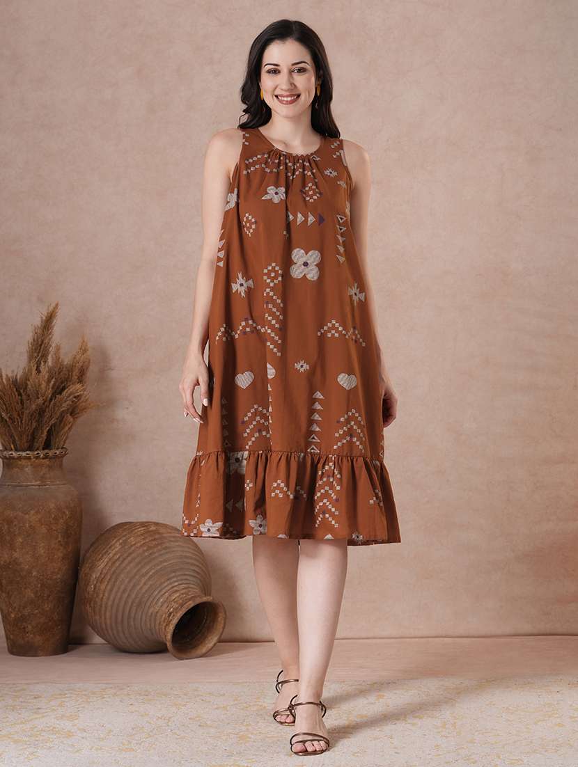 women rust cotton a-line ethnic dress