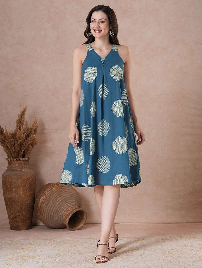 women blue cotton a-line ethnic dress