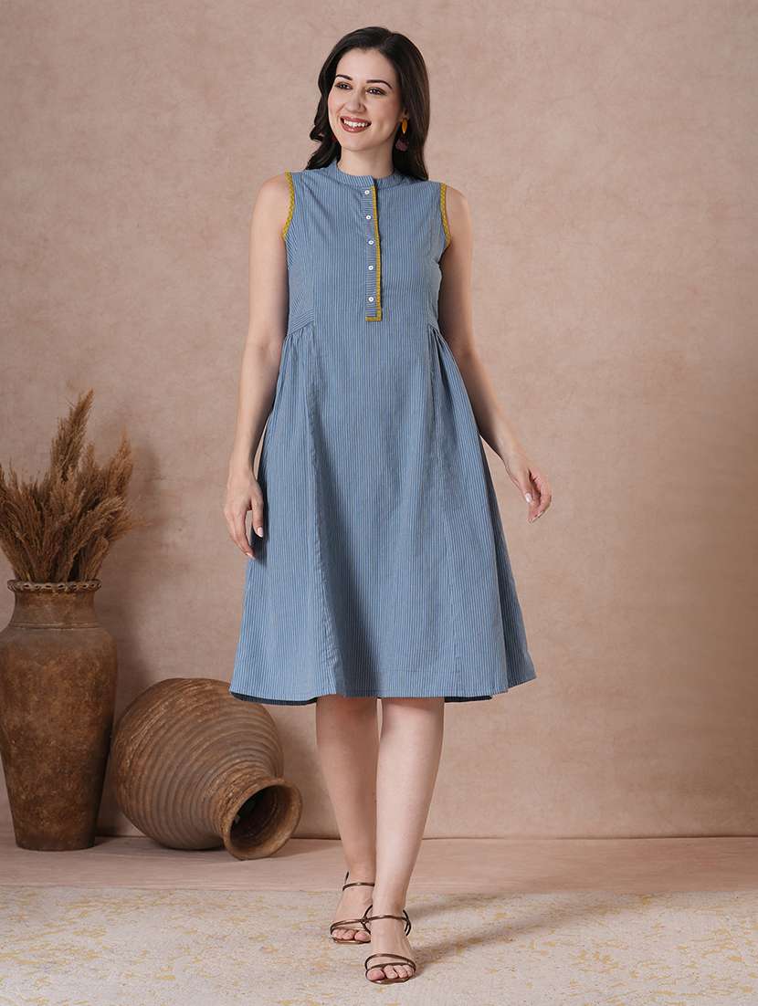 women blue cotton a-line ethnic dress