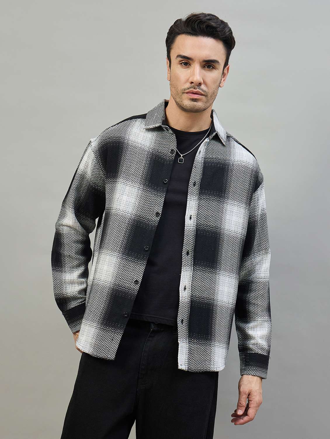 men checkered long sleeve oversized casual shirt