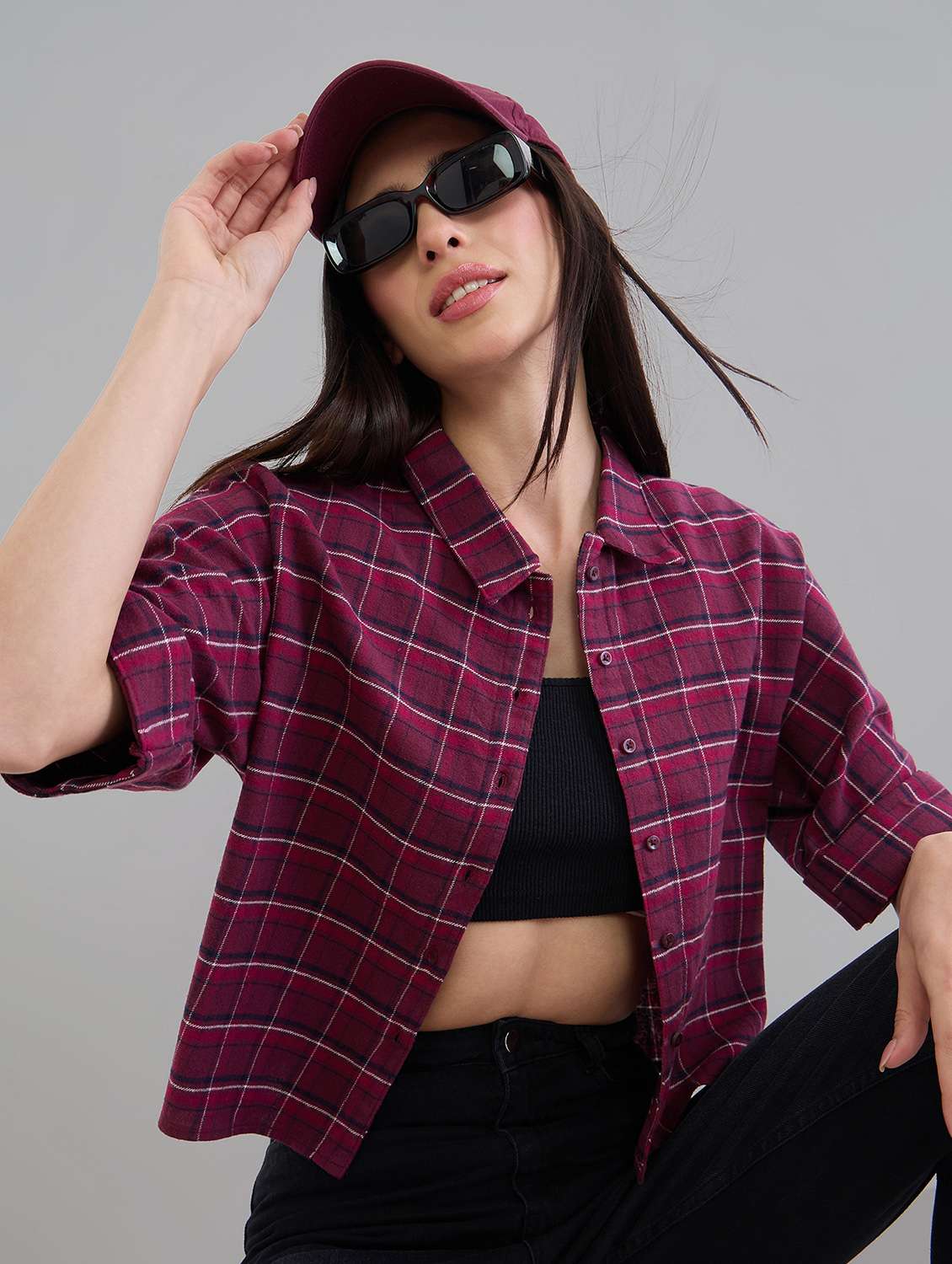 women checks burgundy cotton crop shirt