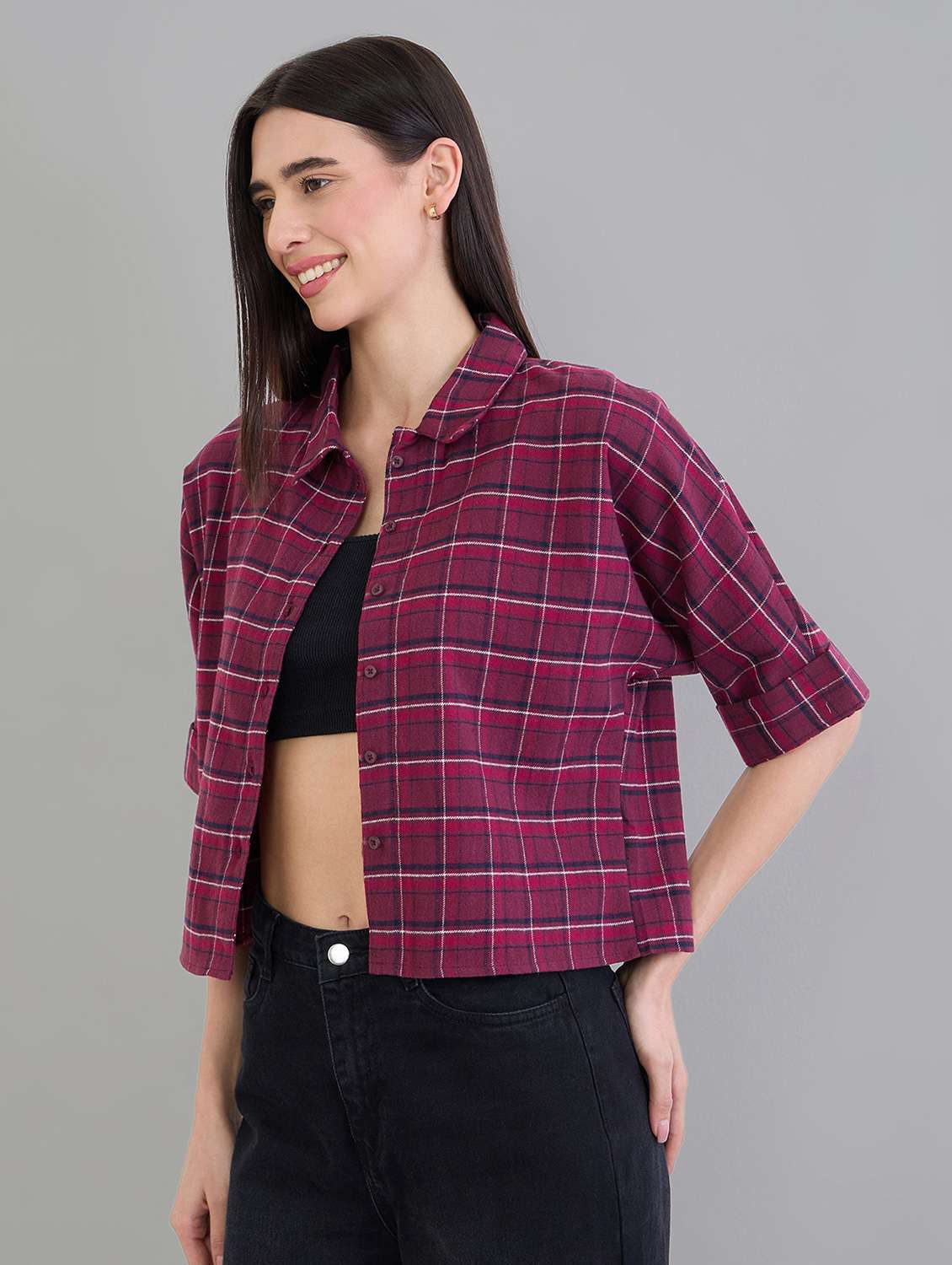women checks burgundy cotton crop shirt - 22463548 -  Standard Image - 3