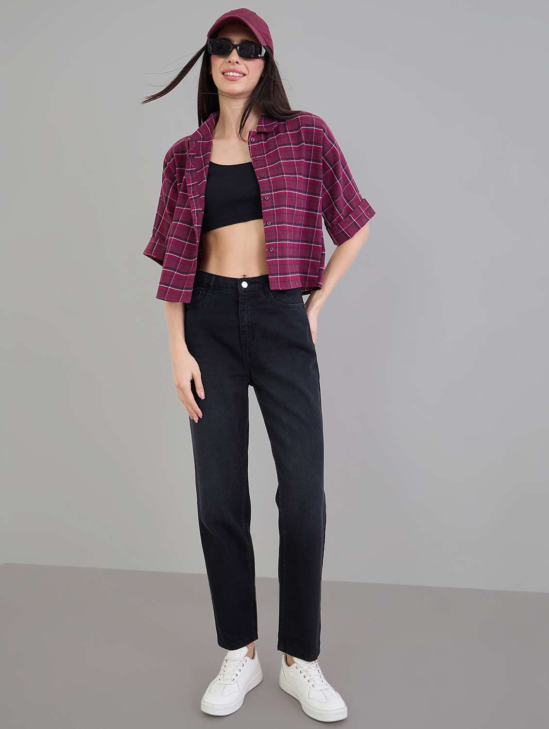 women checks burgundy cotton crop shirt - 22463548 -  Standard Image - 5