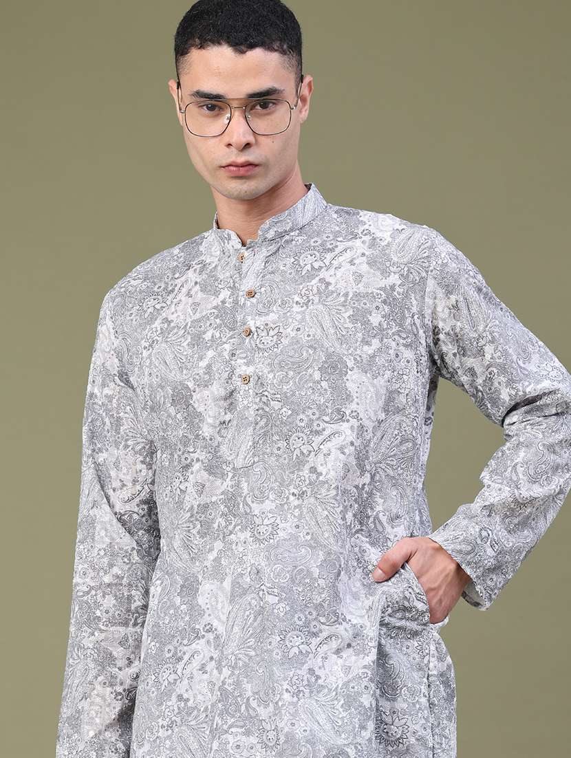 men printed long sleeves kurta churidar set 