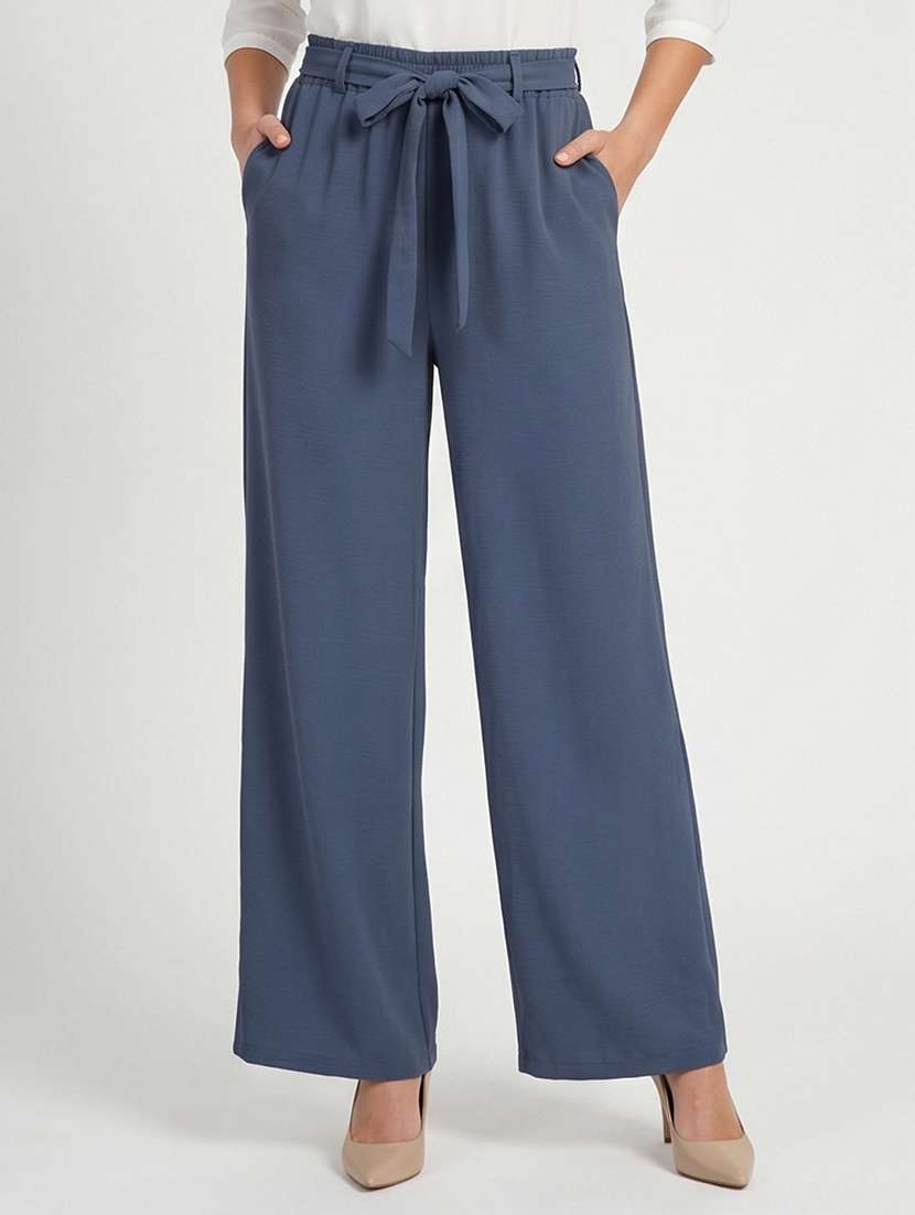 women solid high rise straight trouser