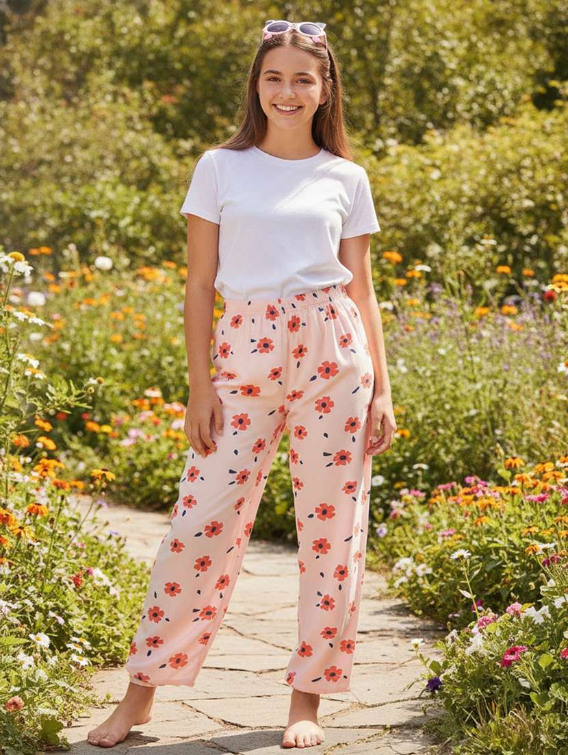 girls printed mid rise casual trouser