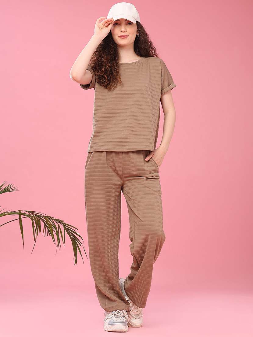 women self design short sleeves top and trouser co-ord set