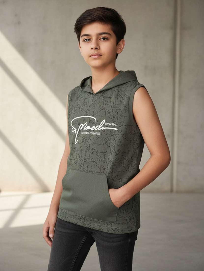 boys printed sleeveless hooded t-shirt